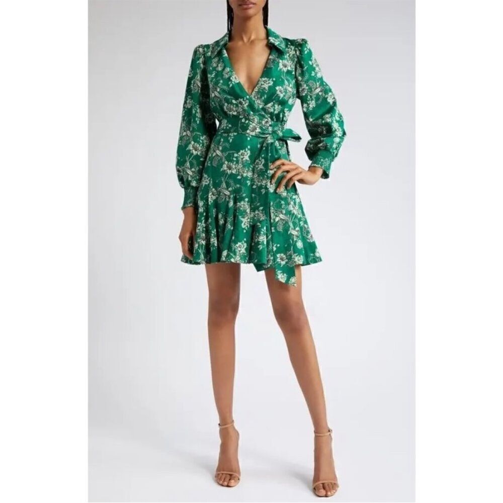 NEW ALICE + OLIVIA Alisa ruffled floral-print cotton-blend mini wrap dress